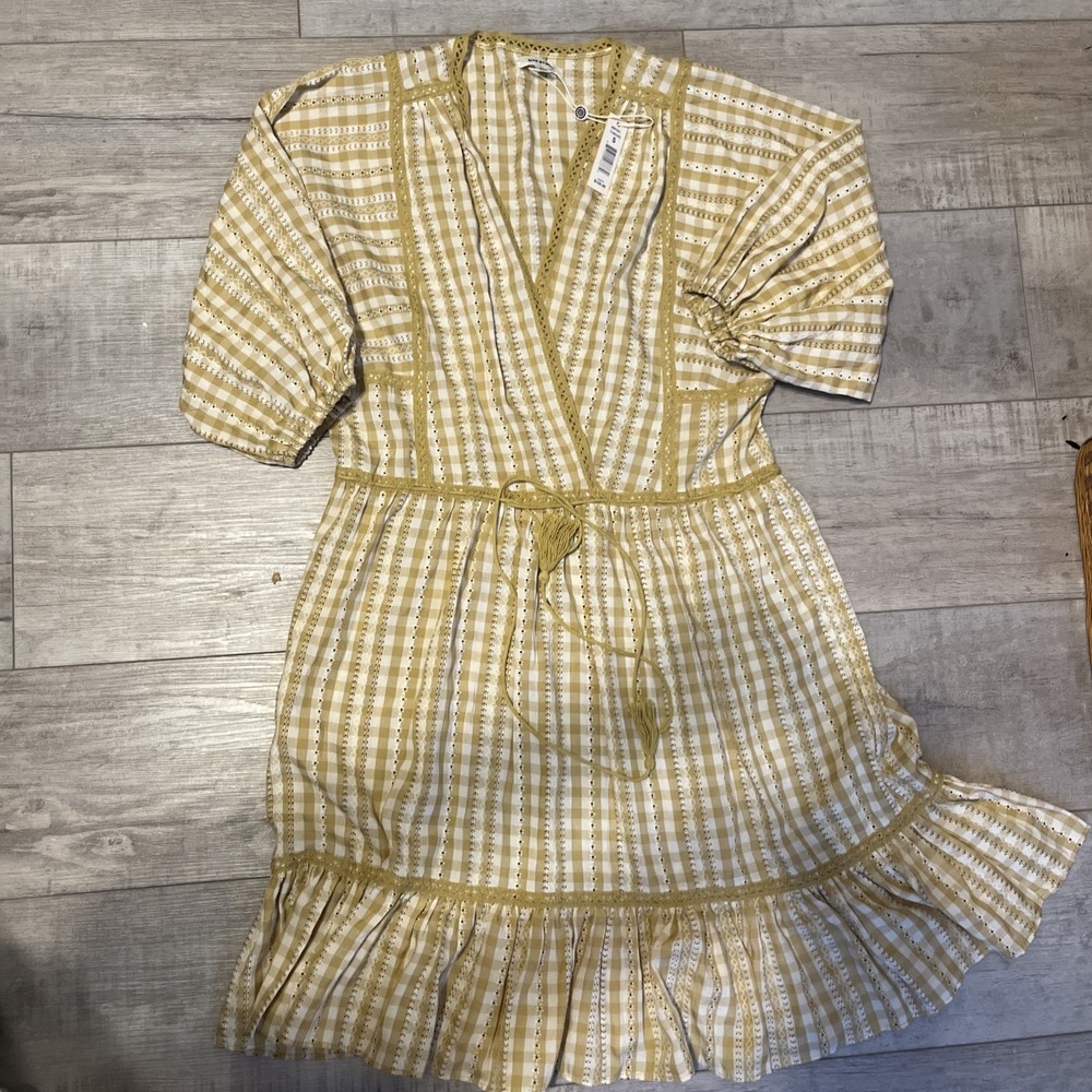 NWT Max Studio Ladies S Dress $128 Boho Tiered Checked Yellow